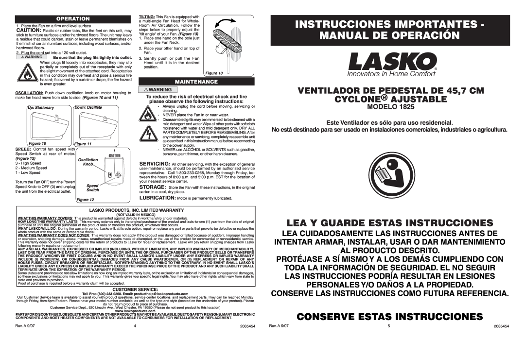Lasko 1825 Instrucciones Importantes Manual De Operación, Lea Y Guarde Estas Instrucciones, Conserve Estas Instrucciones 