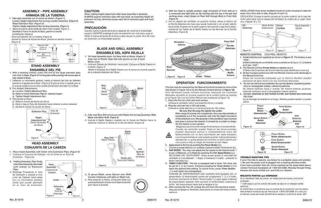 Lasko 1843 Assembly Pipe Assembly, Stand Assembly, Blade and Grill Assembly, Operation Funcionamiento, Head Assembly 