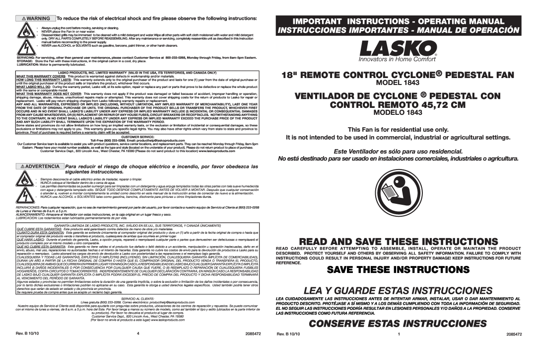 Lasko 1843 warranty Rev. B 10/10, 2085472, Pedestal Fan, Important Instructions - Operating Manual 