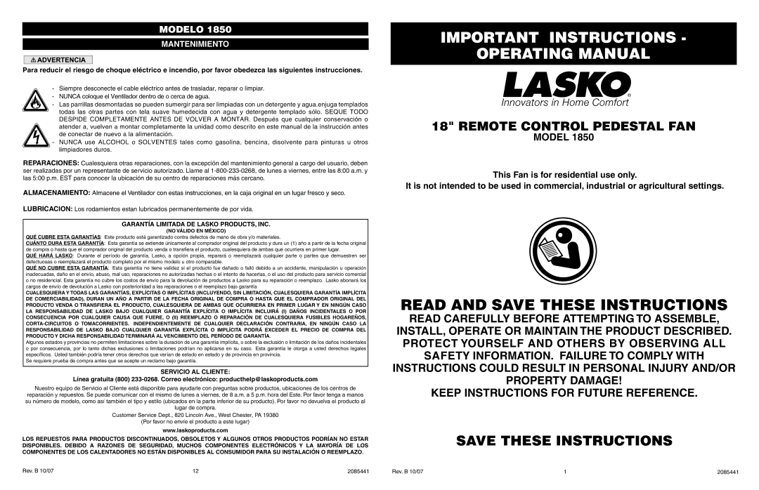 Lasko 1850 manual Important Instructions Operating Manual, Garantía Limitada DE Lasko PRODUCTS, INC, Servicio AL Cliente 