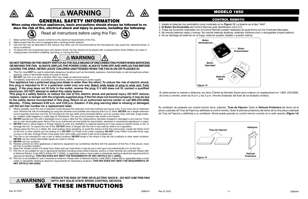 Lasko 1850 manual General Safety Information, Read all instructions before using this Fan, Control Remoto 