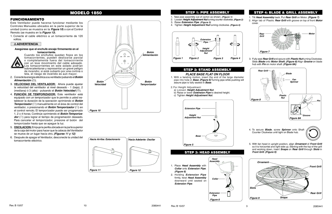 Lasko 1850 manual Pipe Assembly Blade & Grill Assembly, Funcionamiento, Stand Assembly, Head Assembly, Alimentación 