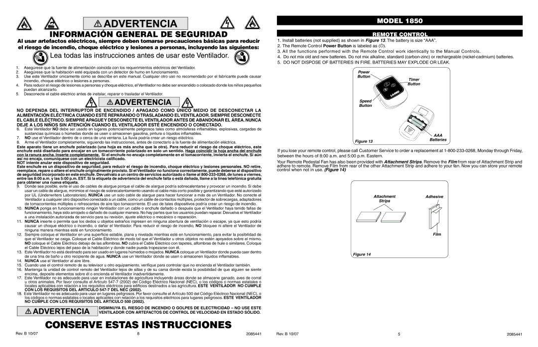 Lasko 1850 manual Conserve Estas Instrucciones, Información General DE Seguridad, Remote Control 