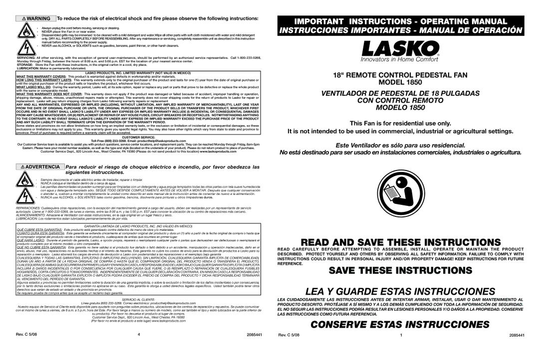 Lasko 1850W warranty  LASKO PRODUCTS, INC. Limited Warranty not Valid in Mexico, Customer Service 