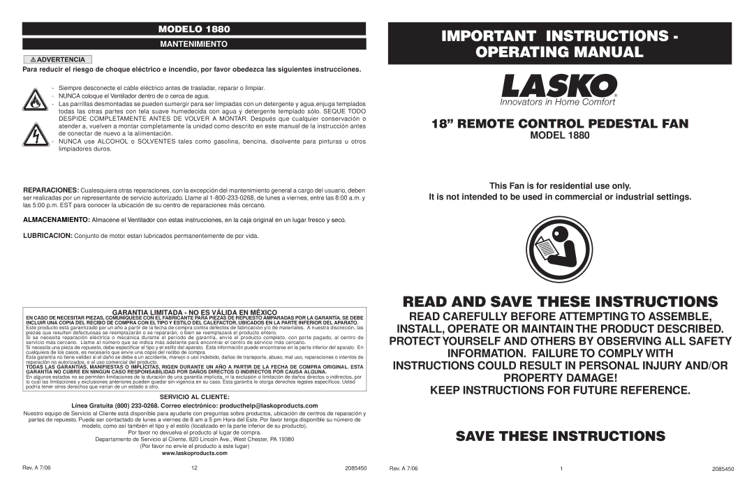 Lasko 1880 manual Important Instructions Operating Manual, Servicio AL Cliente 