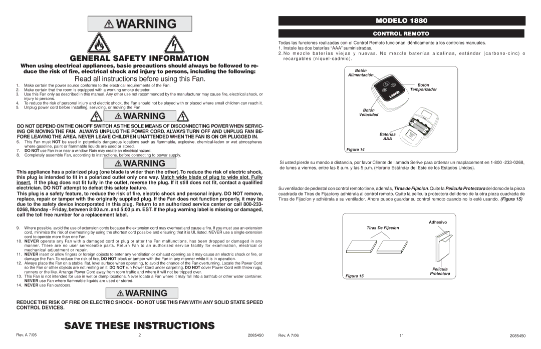 Lasko 1880 manual General Safety Information, Control Remoto, Botón Alimentación Temporizador Velocidad Baterías 