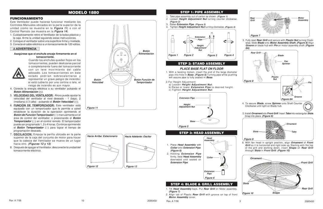 Lasko 1880 manual Pipe Assembly, Funcionamiento, Stand Assembly, Head Assembly, Blade & Grill Assembly 