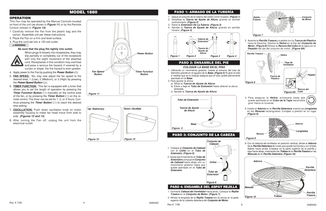 Lasko 1880 manual Paso 1 Armado DE LA Tubería, Operation, Paso 2 Ensamble DEL PIE, Paso 3 Conjunto DE LA Cabeza 