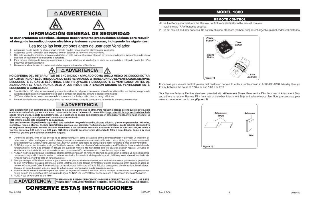 Lasko 1880 manual Información General DE Seguridad, Remote Control 