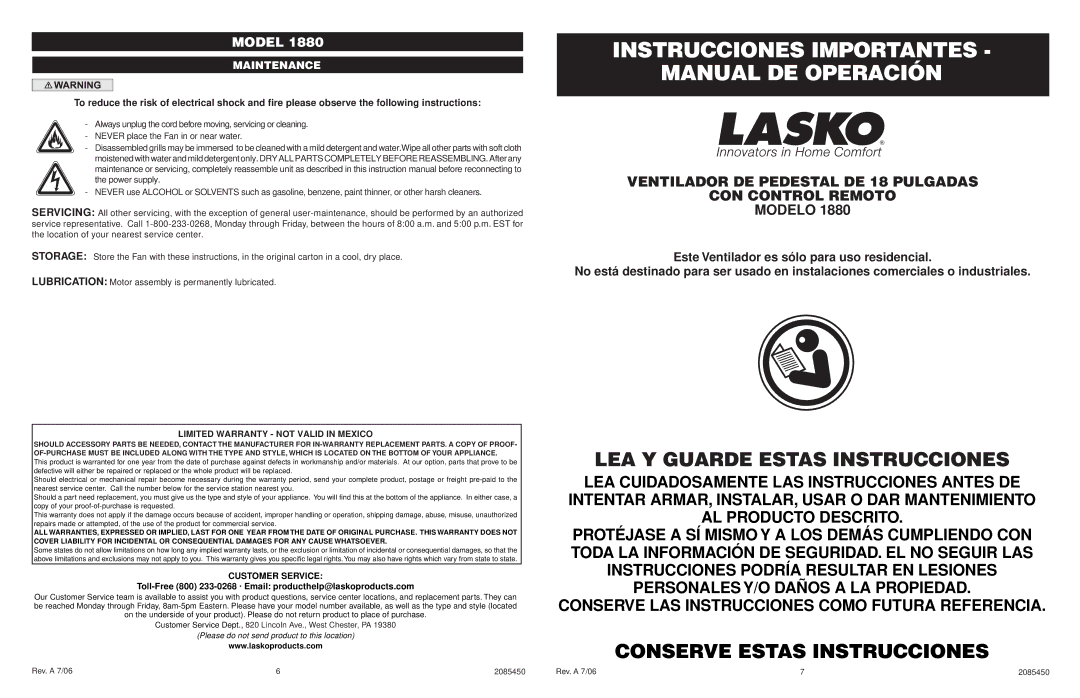 Lasko 1880 manual Instrucciones Importantes Manual DE Operación, Maintenance, Limited Warranty not Valid in Mexico 