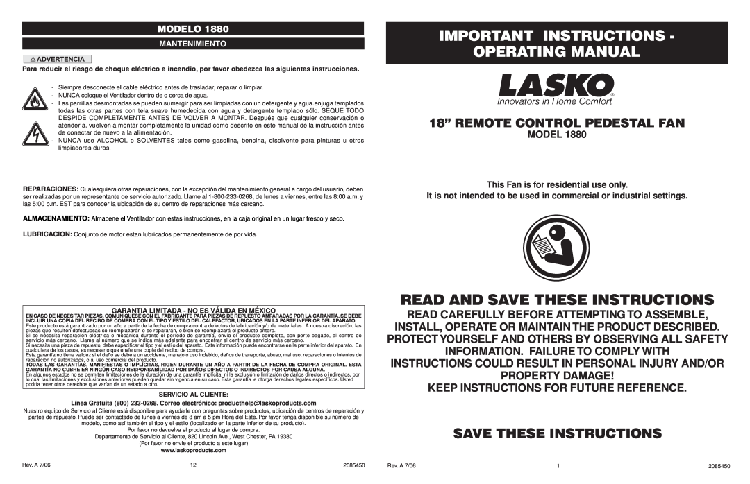 Lasko 1880 manual Important Instructions Operating Manual, Save These Instructions, Keep Instructions For Future Reference 