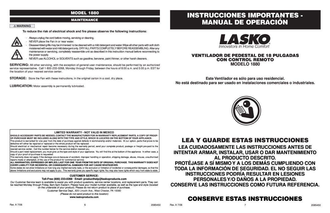 Lasko 1880 manual Instrucciones Importantes Manual De Operación, Lea Y Guarde Estas Instrucciones, Maintenance, Model 