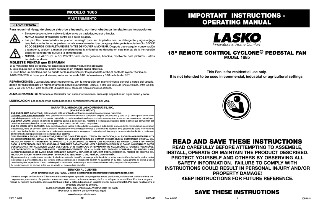 Lasko 1885 manual Important Instructions Operating Manual, Remote Control Cyclone Pedestal FAN, Servicio AL Cliente 