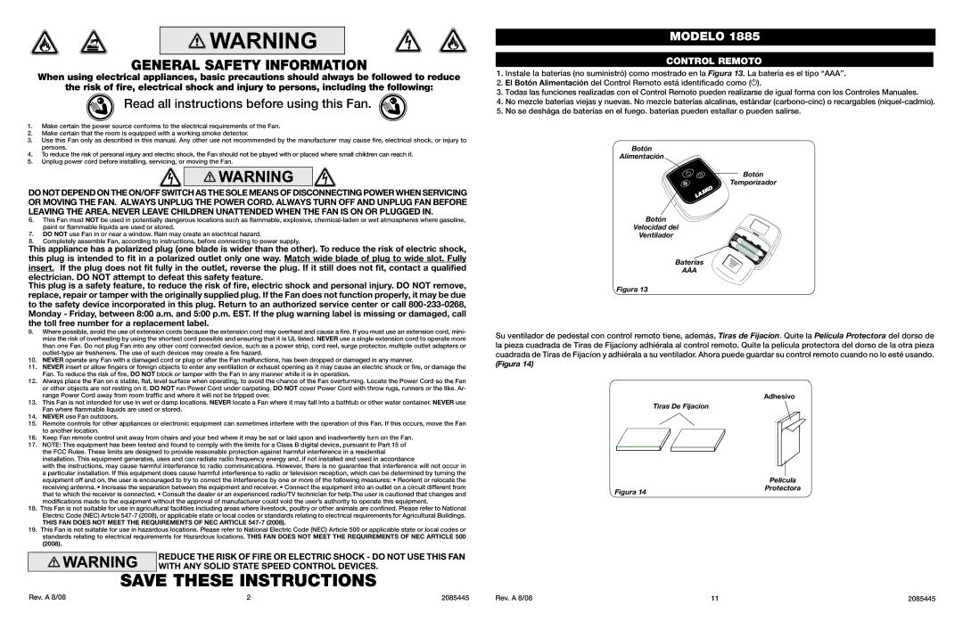 Lasko 1885 manual General Safety Information, Read all instructions before using this Fan, Control Remoto 