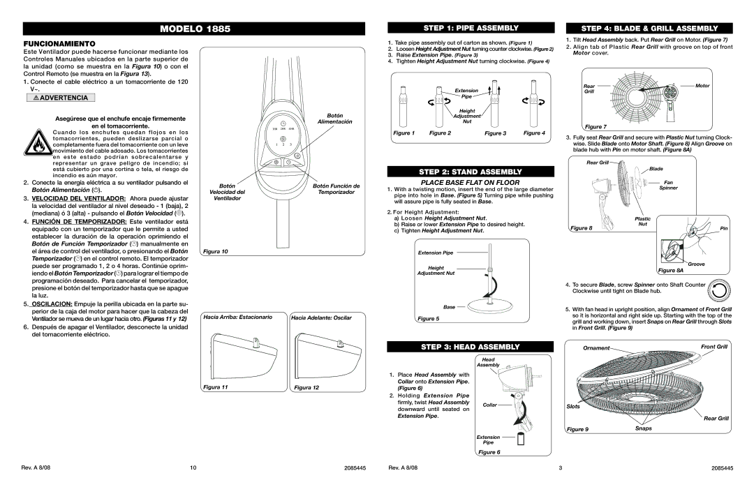 Lasko 1885 manual Pipe Assembly Blade & Grill Assembly, Funcionamiento, Stand Assembly, Head Assembly 