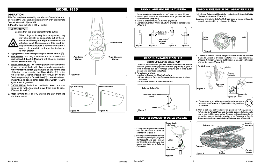 Lasko 1885 manual Operation, Paso 2 Ensamble DEL PIE, Paso 3 Conjunto DE LA Cabeza 