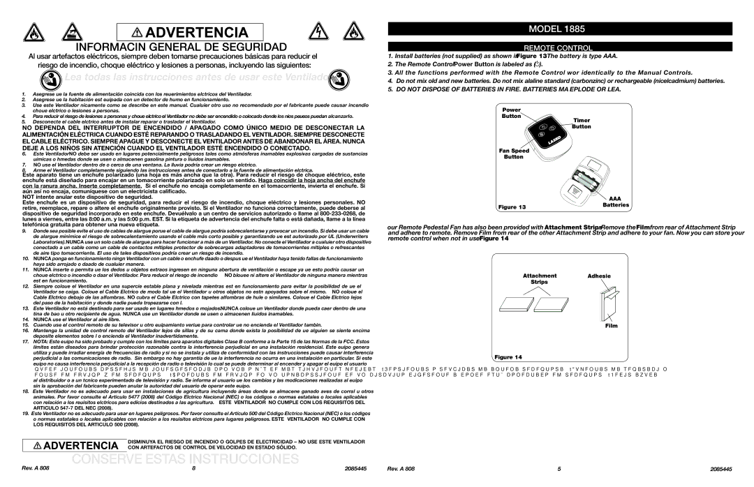 Lasko 1885 manual Conserve Estas Instrucciones, Información General DE Seguridad, Remote Control 