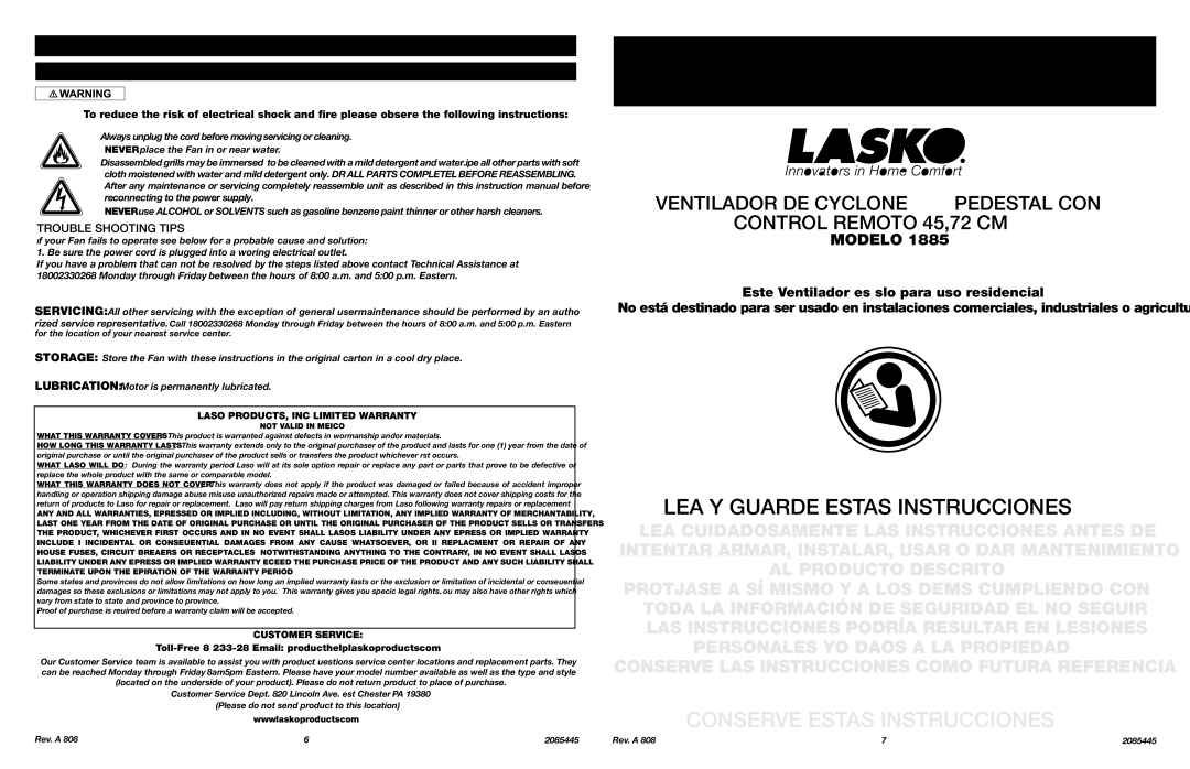 Lasko 1885 manual Instrucciones Importantes Manual DE Operación, LEA Y Guarde Estas Instrucciones, Maintenance 