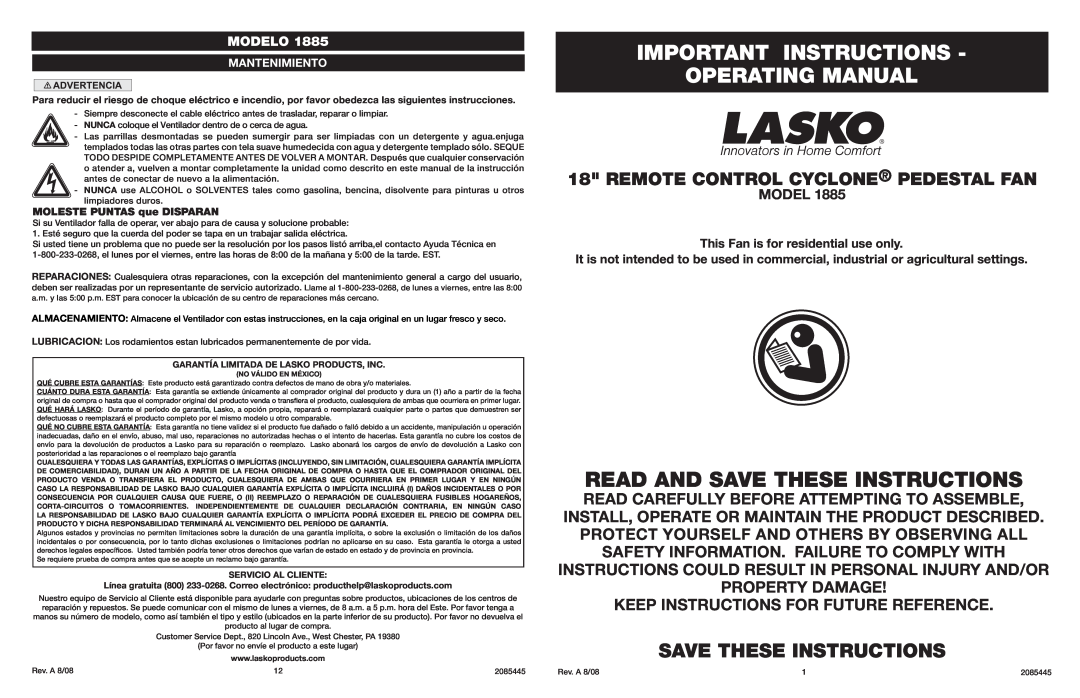 Lasko 1885 manual Important Instructions Operating Manual, Save These Instructions, Remote Control Cyclone Pedestal Fan 