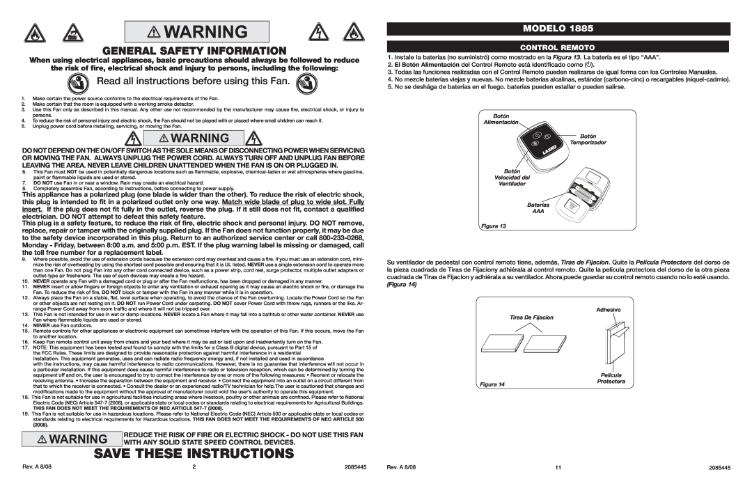 Lasko 1885 manual Save These Instructions, Read all instructions before using this Fan, Modelo, Control Remoto 
