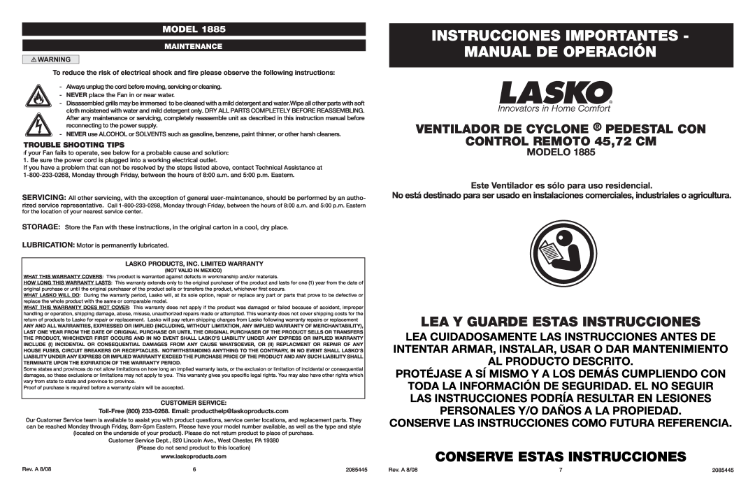 Lasko 1885 Instrucciones Importantes Manual De Operación, Lea Y Guarde Estas Instrucciones, Conserve Estas Instrucciones 