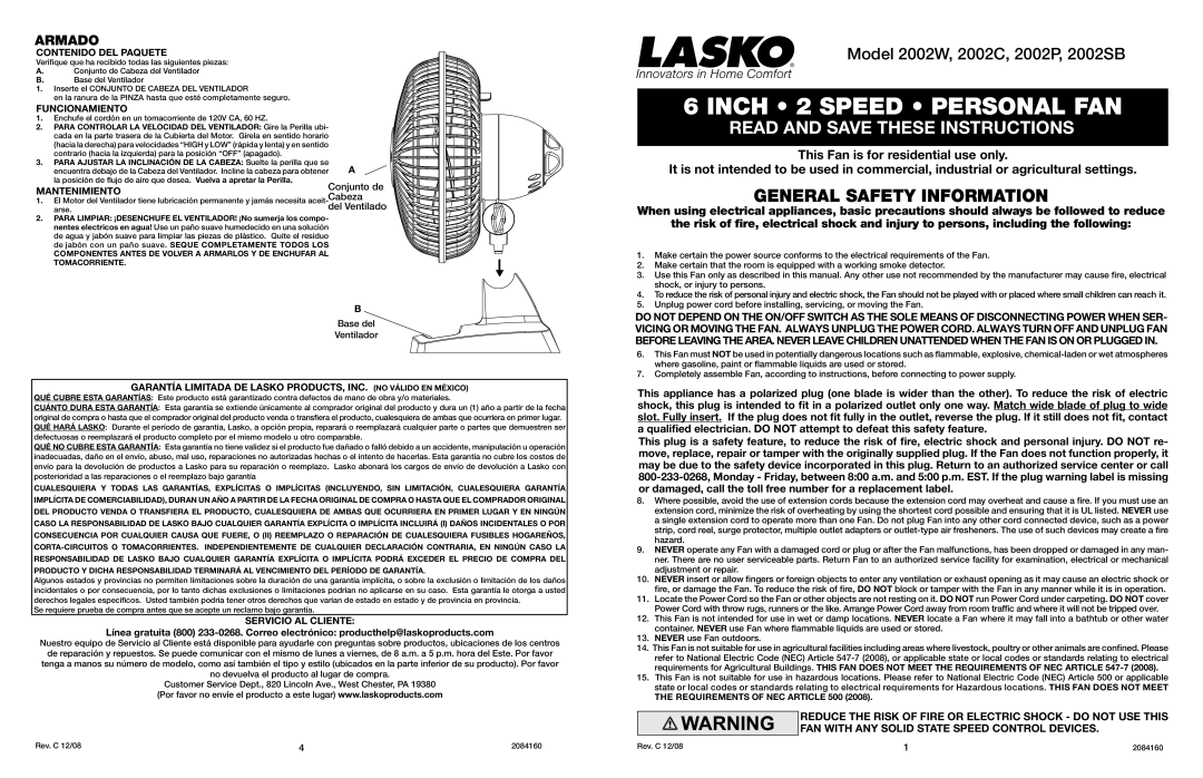 Lasko 2002C, 2002P, 2002W user service Armado, Contenido DEL Paquete, Funcionamiento, Mantenimiento, Servicio AL Cliente 