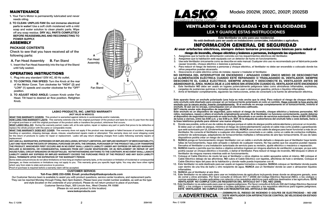 Lasko 2002W, 2002P, 2002C, 2002SB user service Maintenance, Assembly, Operating Instructions 