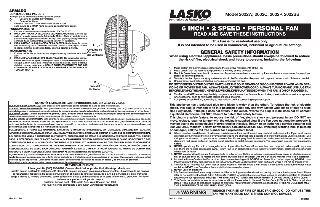 Lasko user service General Safety Information, Model 2002W, 2002C, 2002P, 2002SB, Armado, INCH 2 SPEED PERSONAL FAN 