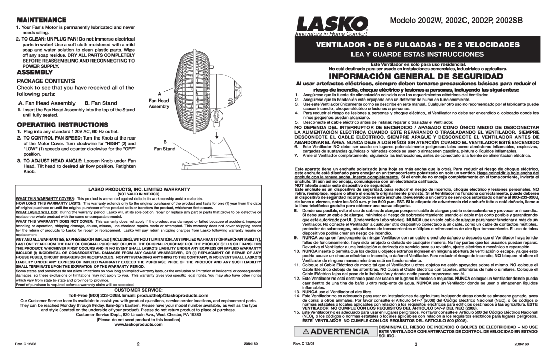 Lasko user service Información General De Seguridad, Modelo 2002W, 2002C, 2002P, 2002SB, Maintenance, Assembly 