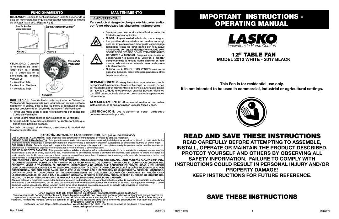 Lasko 2012, 2017 manual Funcionamientomantenimiento, Hacia Arriba, Estacionario, Control de 