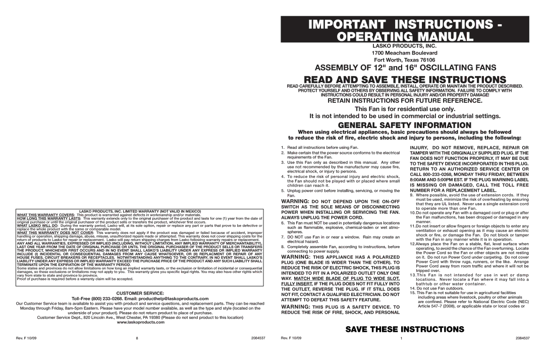 Lasko 2084537 warranty Retain Instructions for Future Reference, Customer Service 