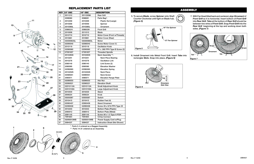 Lasko 2084537 warranty Replacement Parts List, 34 33, KEY 12 OSC, Description 