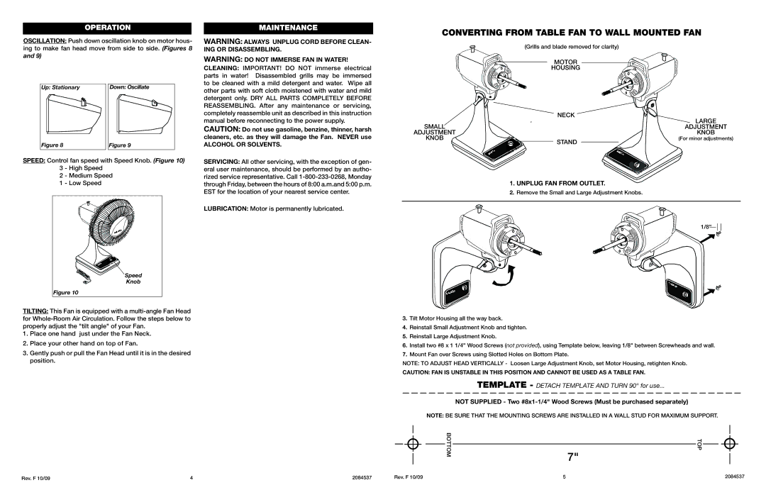 Lasko 2084537 warranty Converting from Table FAN to Wall Mounted FAN, Alcohol or Solvents, Unplug FAN from Outlet 