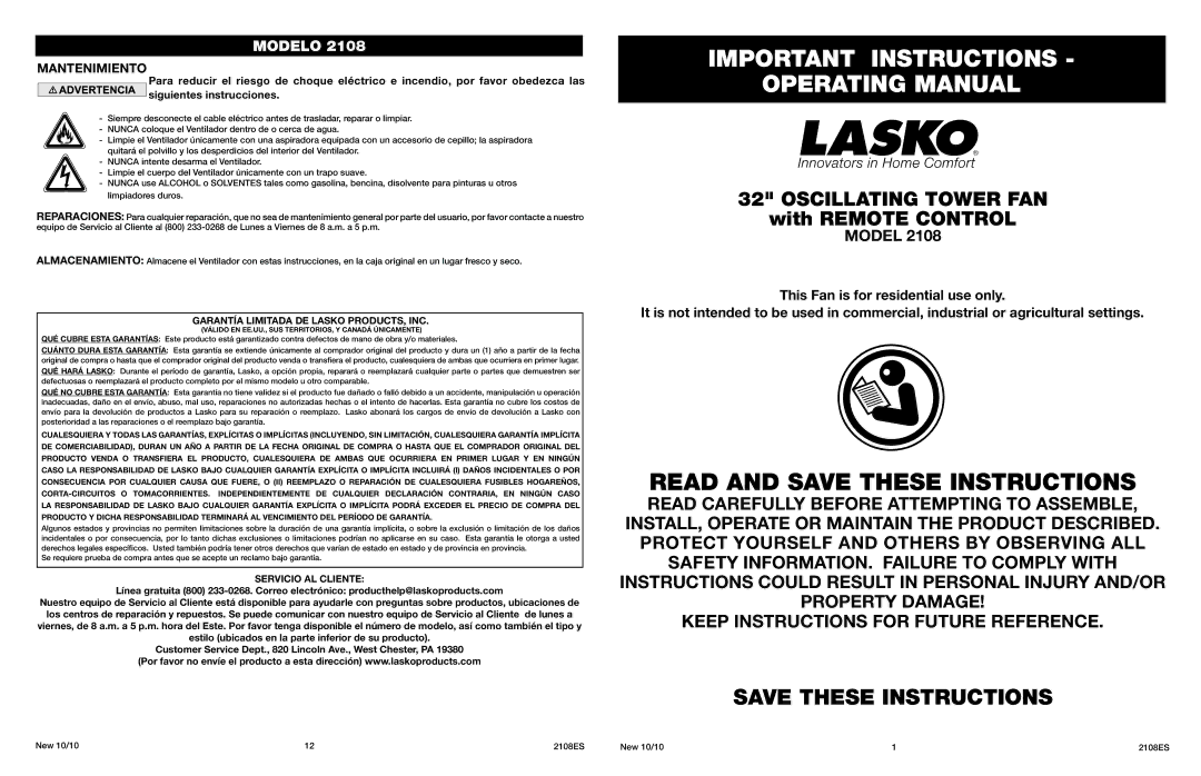 Lasko 2108 manual Important Instructions Operating Manual, Oscillating Tower FAN, Garantía Limitada DE Lasko PRODUCTS, INC 