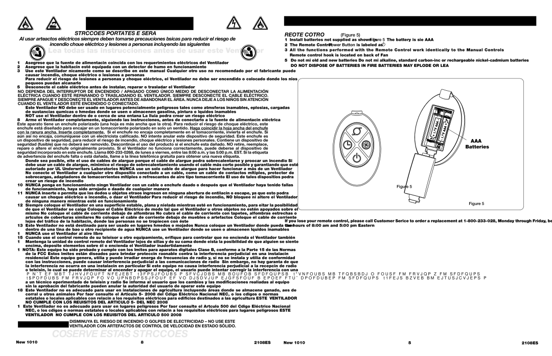 Lasko 2108 Conserve Estas Instrucciones, Lea todas las instrucciones antes de usar este Ventilador, Remote Control Figure 