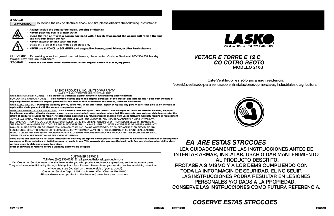 Lasko 2108 manual Instrucciones Importantes Manual DE Operación, LEA Y Guarde Estas Instrucciones, CON Control Remoto 