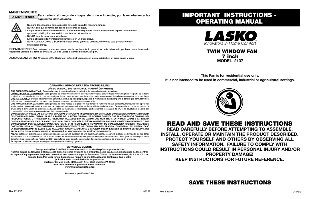 Lasko 2137 manual Mantenimiento, Servicio AL Cliente 