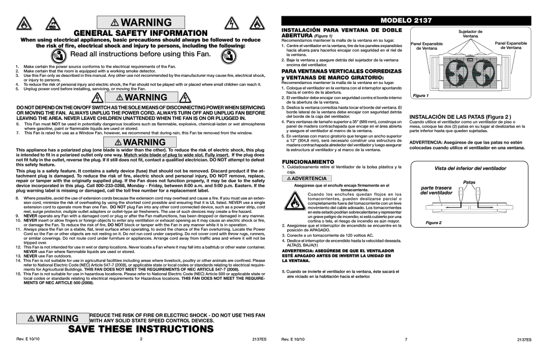 Lasko 2137 Instalación Para Ventana DE Doble, Instalación DE LAS Patas Figura, Funcionamiento, Ments of NEC Article 500 