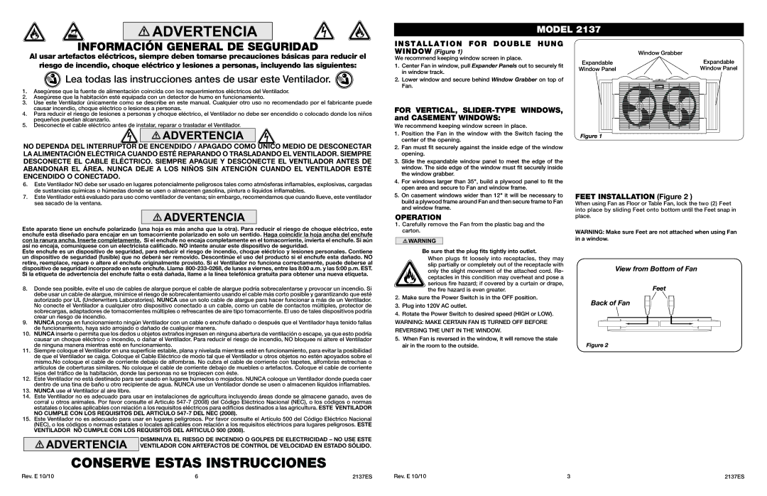 Lasko 2137 manual Installation for Double Hung, For VERTICAL, SLIDER-TYPE WINDOWS, and Casement Windows, Operation 