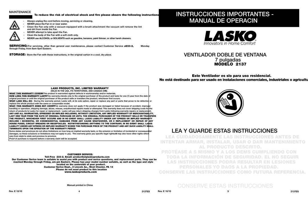 Lasko 2137 manual Maintenance, Customer Service 