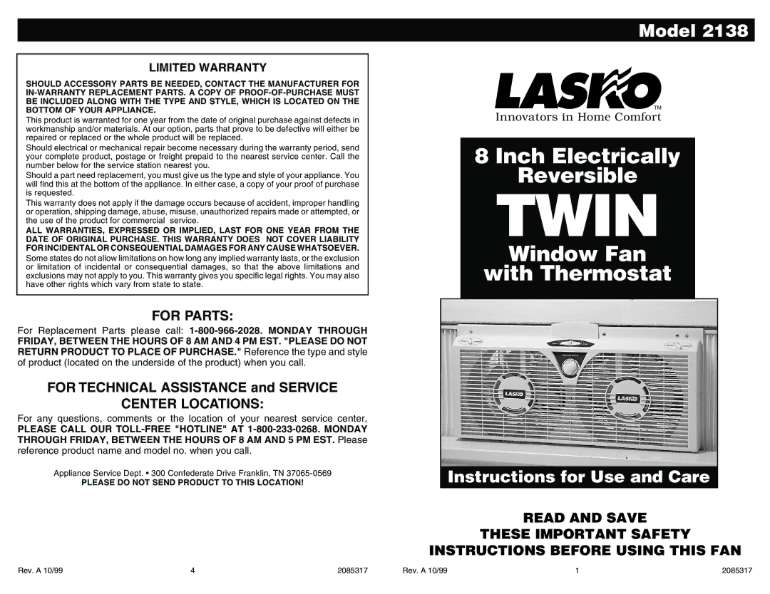 Lasko 2138 warranty For Parts, Center Locations, Limited Warranty 