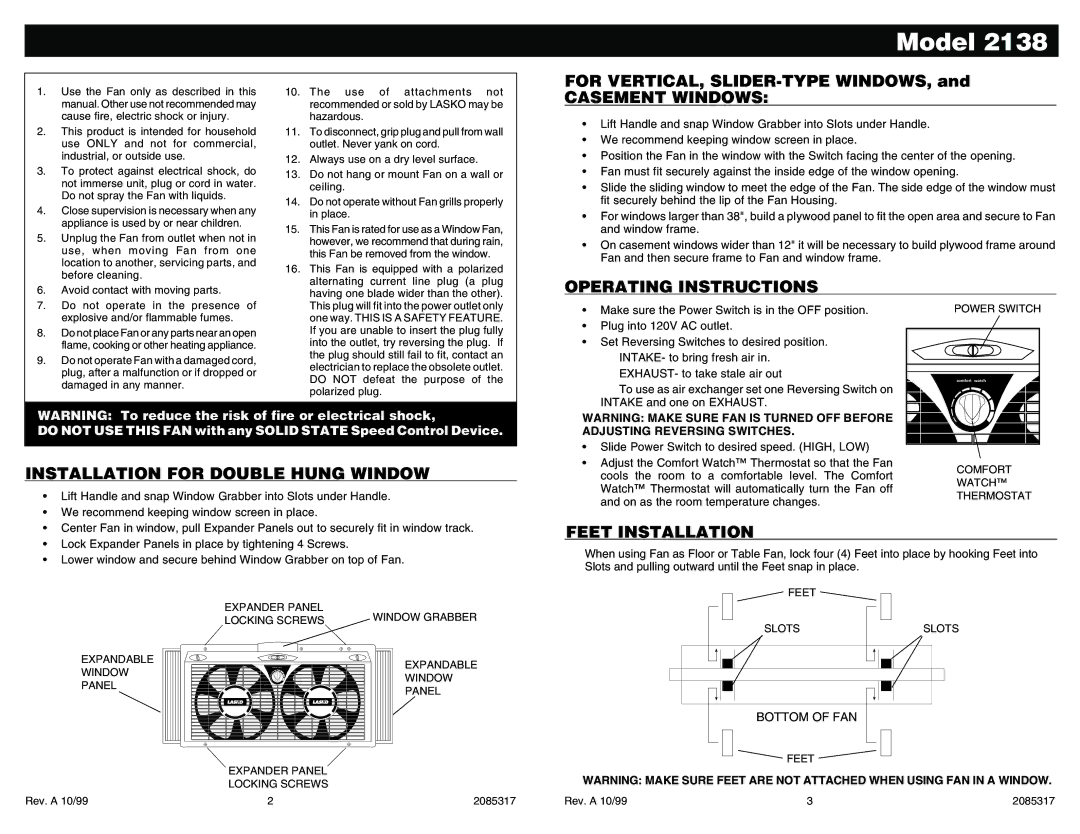 Lasko 2138 warranty Casement Windows, Operating Instructions, Installation for Double Hung Window, Feet Installation 