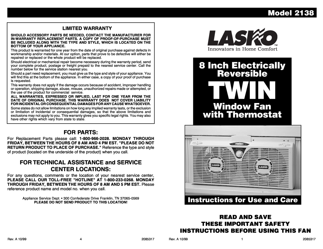 Lasko 2138 warranty Model, Limited Warranty, Twin, Inch Electrically Reversible, Window Fan with Thermostat, For Parts 