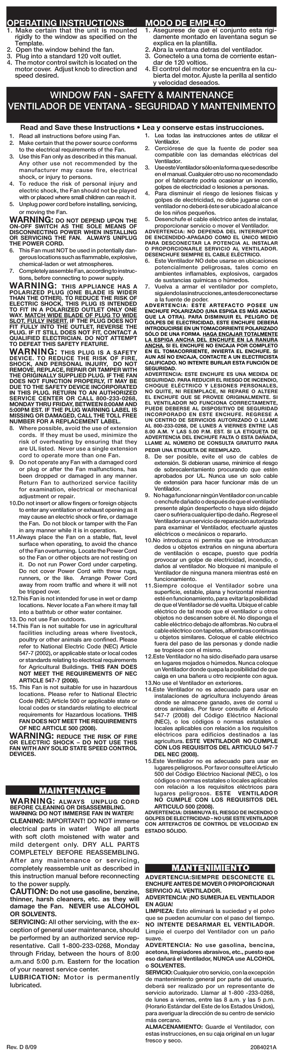 Lasko 2155A installation instructions Operating Instructions Modo DE Empleo, Maintenance, Mantenimiento, Velocidad deseados 