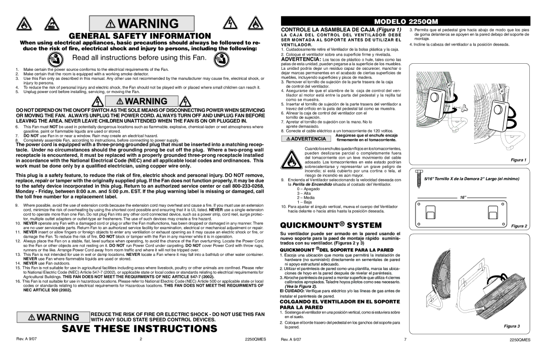 Lasko 2250QM manual General Safety Information, Quickmount DEL Soporte Para LA Pared 