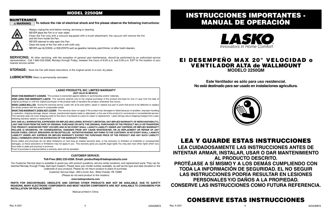 Lasko 2250QM manual Maintenance, Lasko PRODUCTS, INC. Limited Warranty, Customer Service 