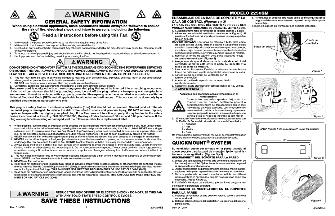 Lasko 2250QM manual General Safety Information, Ments of NEC Article 500 