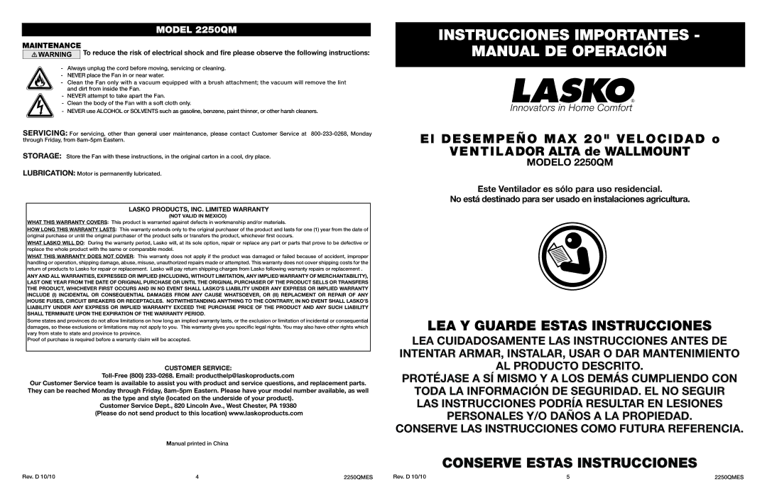 Lasko 2250QM manual Maintenance,  LASKO PRODUCTS, INC. Limited Warranty, Customer Service 