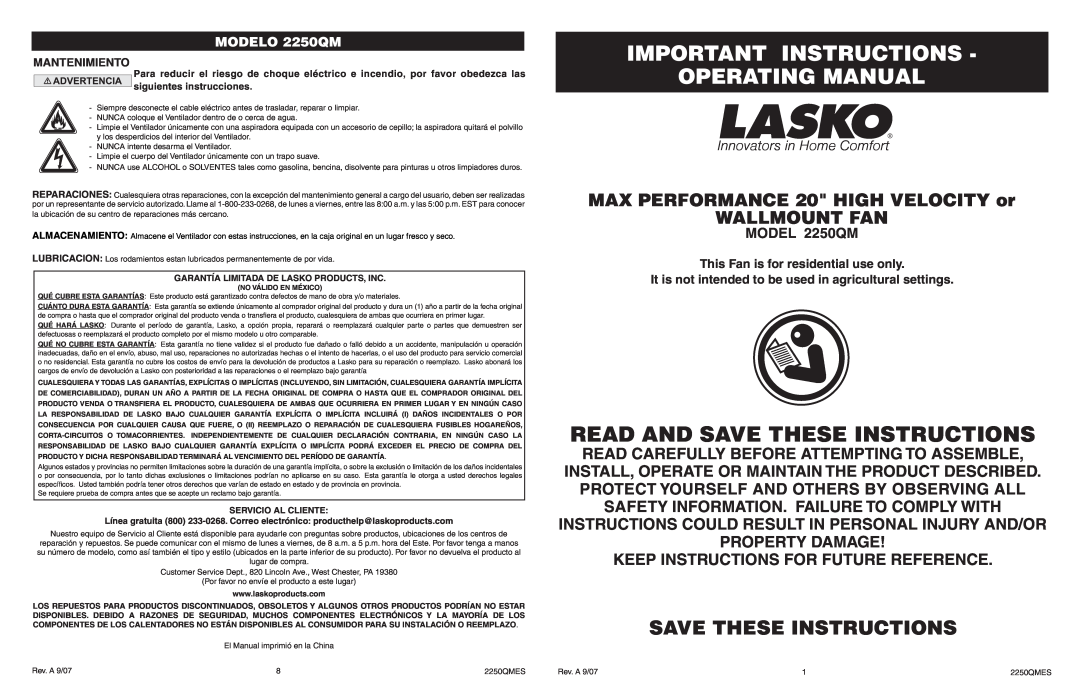 Lasko manual Important Instructions Operating Manual, Read And Save These Instructions, MODEL 2250QM, MODELO 2250QM 