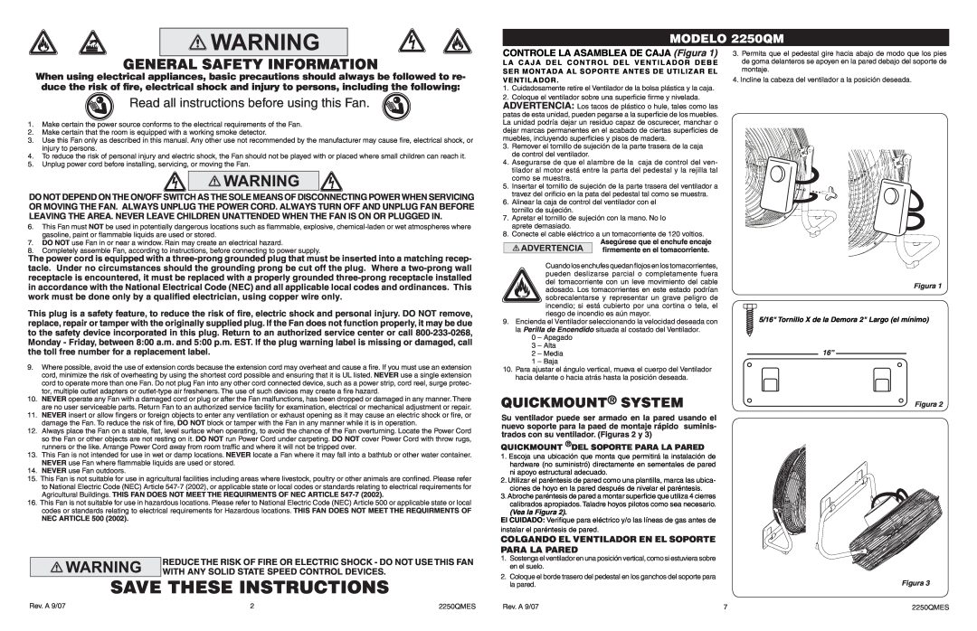 Lasko manual Save These Instructions, Quickmount System, Read all instructions before using this Fan, MODELO 2250QM 